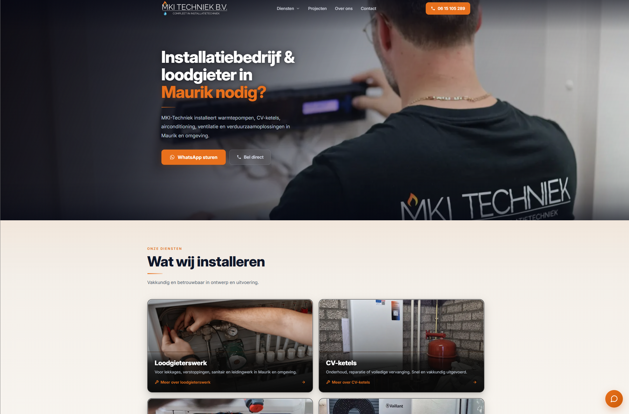 Screenshot van de website van installatiebedrijf MKI-Techniek